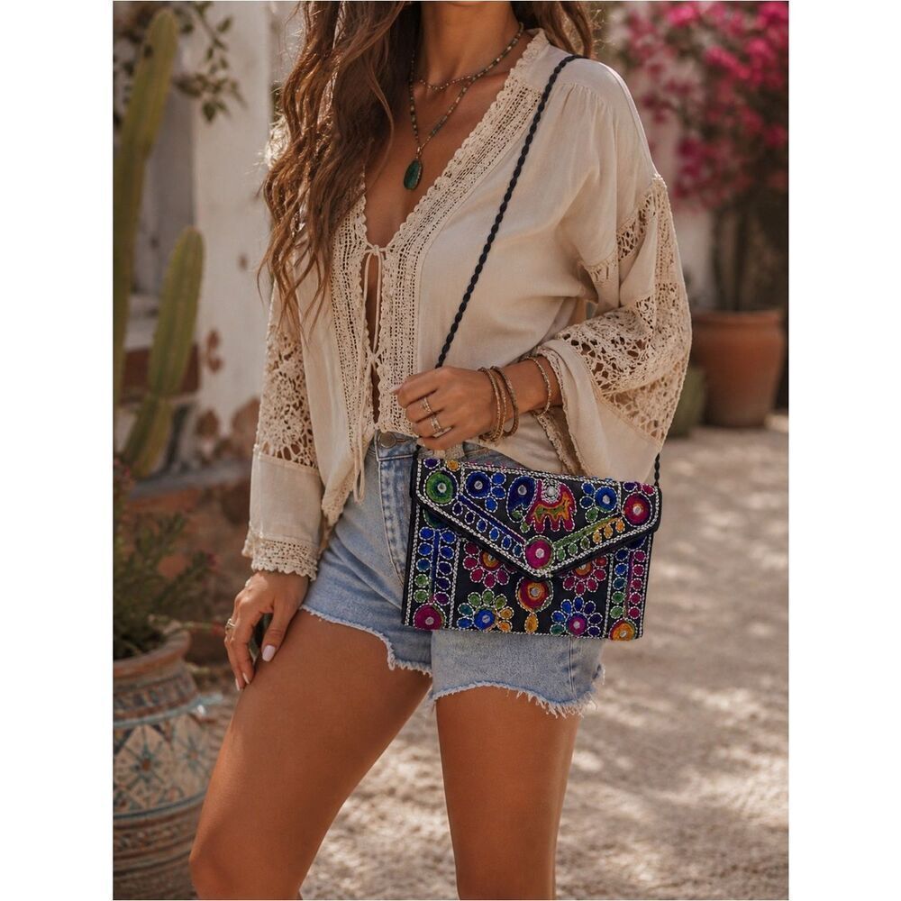 Bohemian Maatangi Beaded and Embroidered Crossbody Bag with a Beaded Elephant